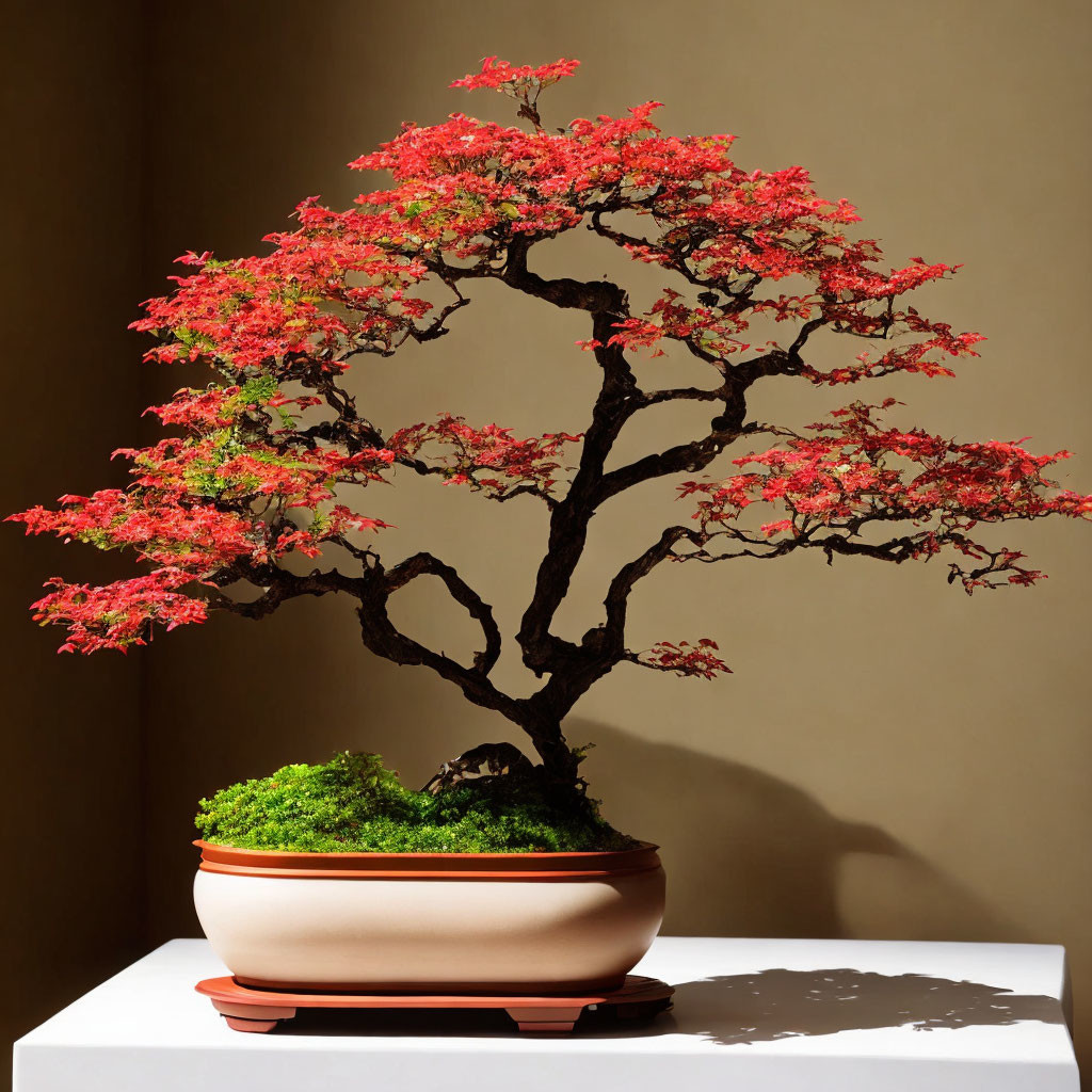 Red-leaved bonsai tree in brown pot on white table, casting shadow on beige wall