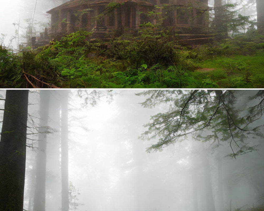 Rustic wooden cabin in misty forest with tall trees