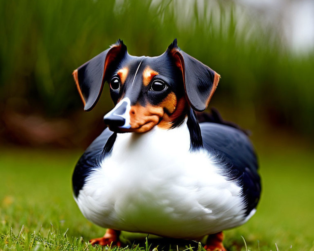 Whimsical creature with duck body and dachshund head on green background