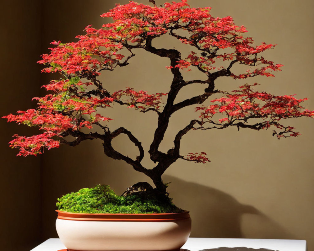 Red-leaved bonsai tree in brown pot on white table, casting shadow on beige wall