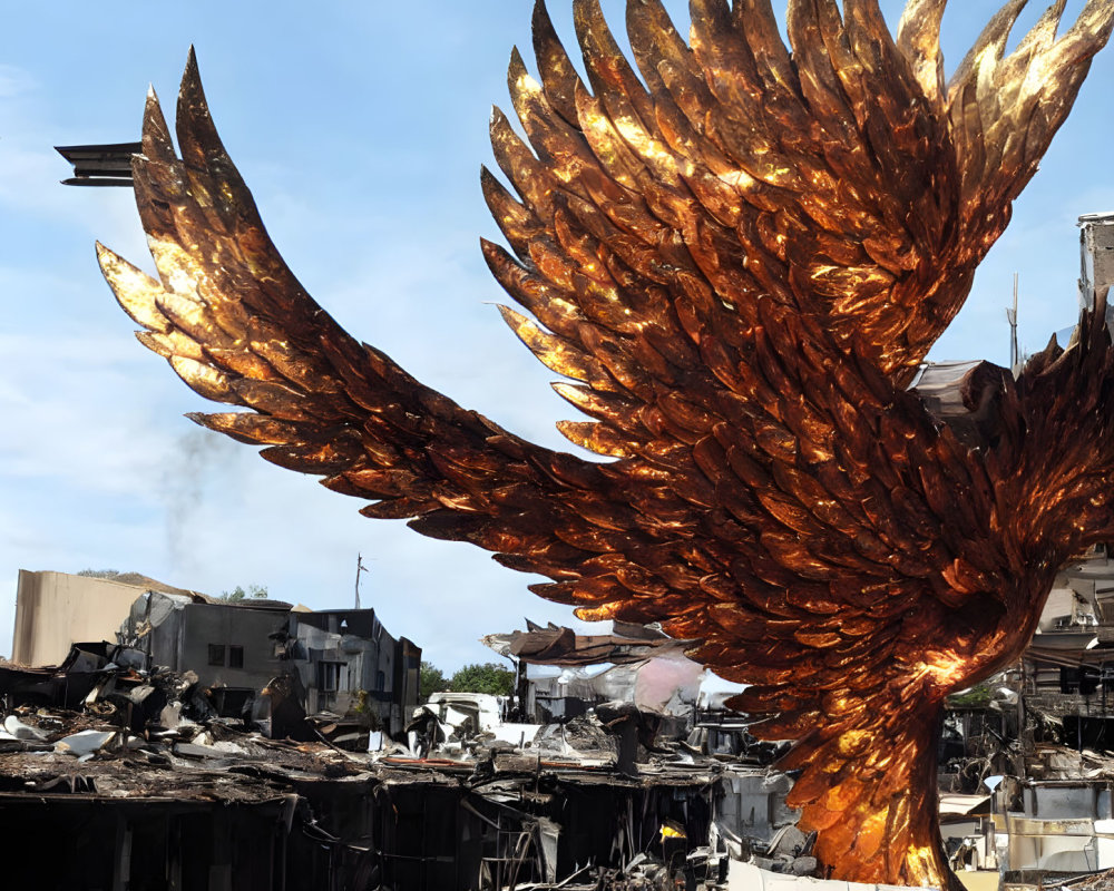 Golden-winged figure symbolizes hope amidst devastation