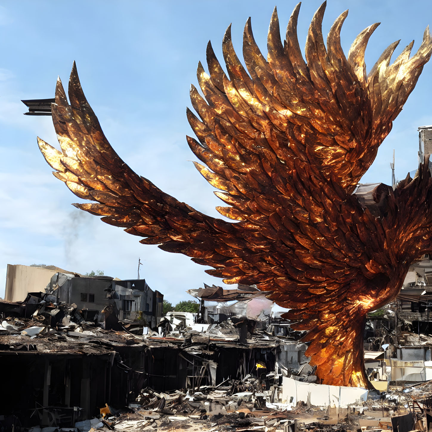 Golden-winged figure symbolizes hope amidst devastation