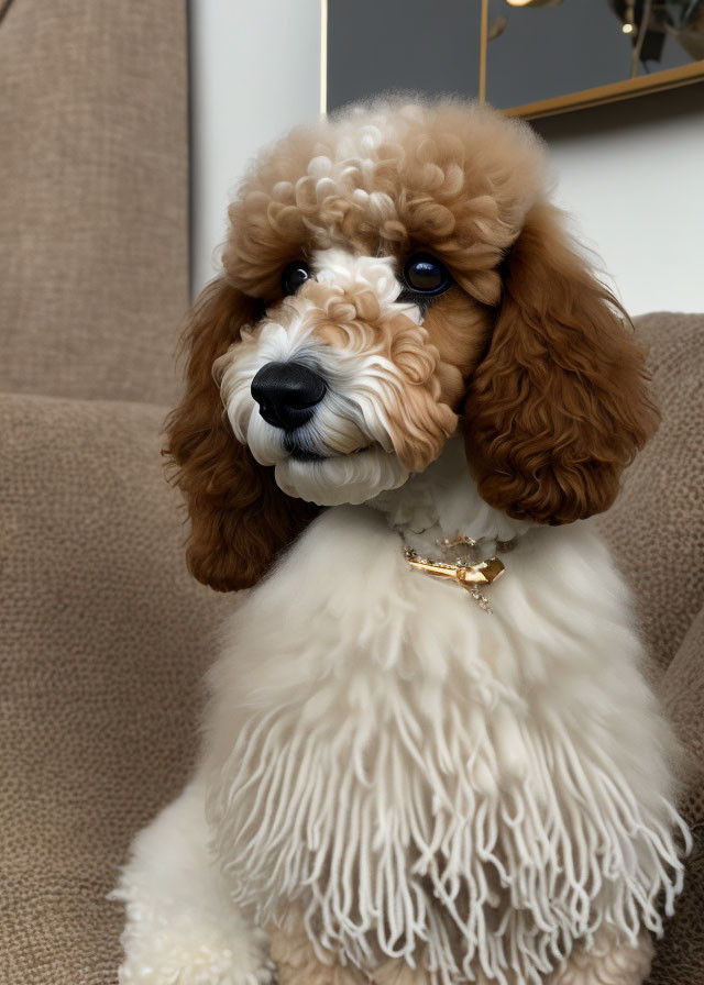 Fluffy brown and white dog with curly fur wearing a bow tie on a couch