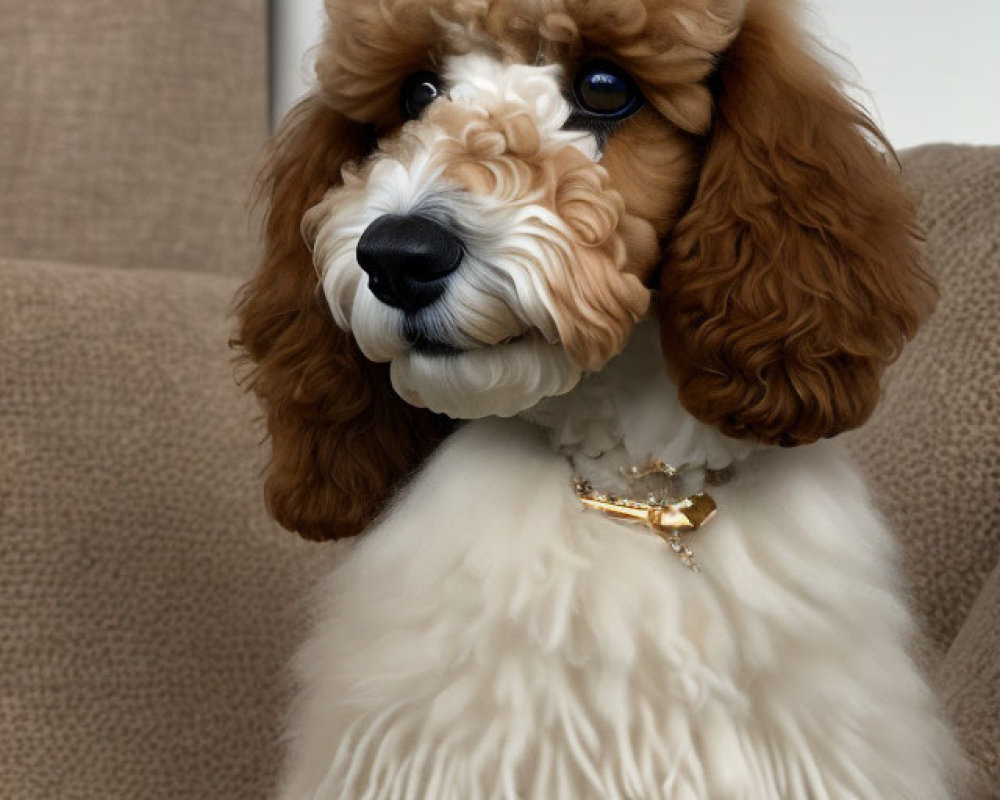 Fluffy brown and white dog with curly fur wearing a bow tie on a couch