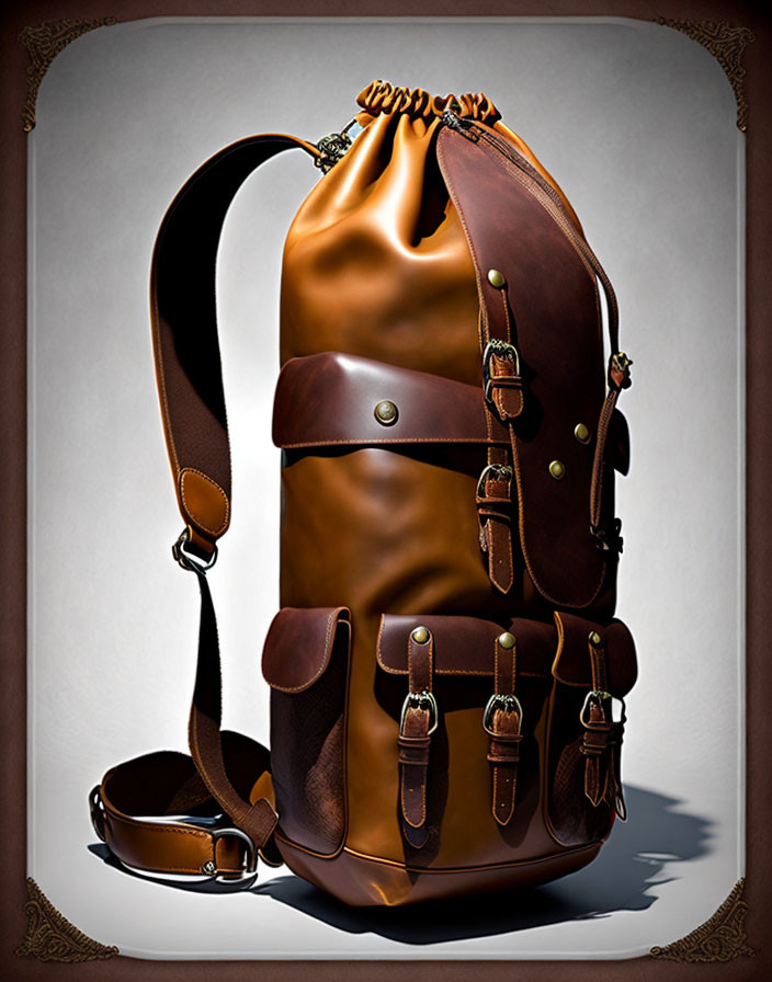 Brown Leather Backpack with Multiple Straps and Drawstring Closure