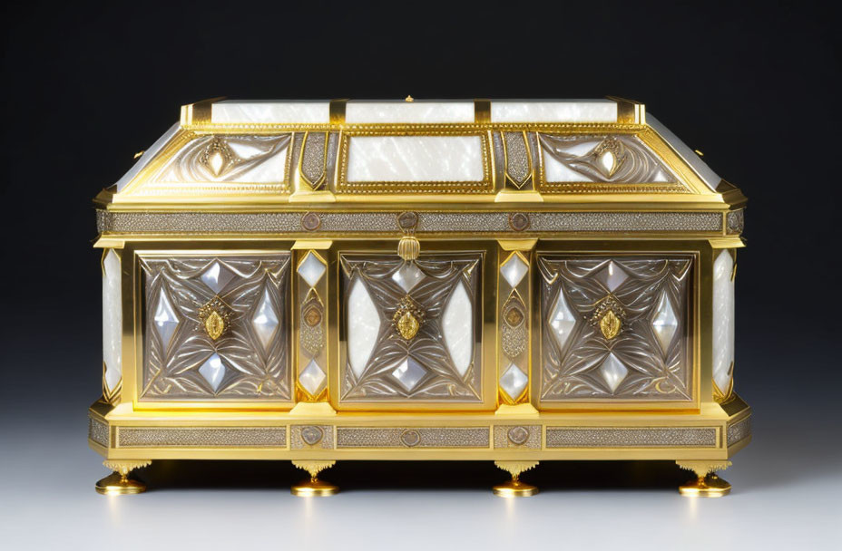 Rectangular Gold and Mother-of-Pearl Casket with Engravings and Translucent Panels