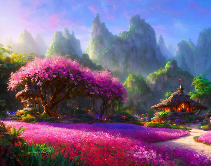 Serene landscape with pink flora, traditional huts, misty mountains at sunrise or sunset