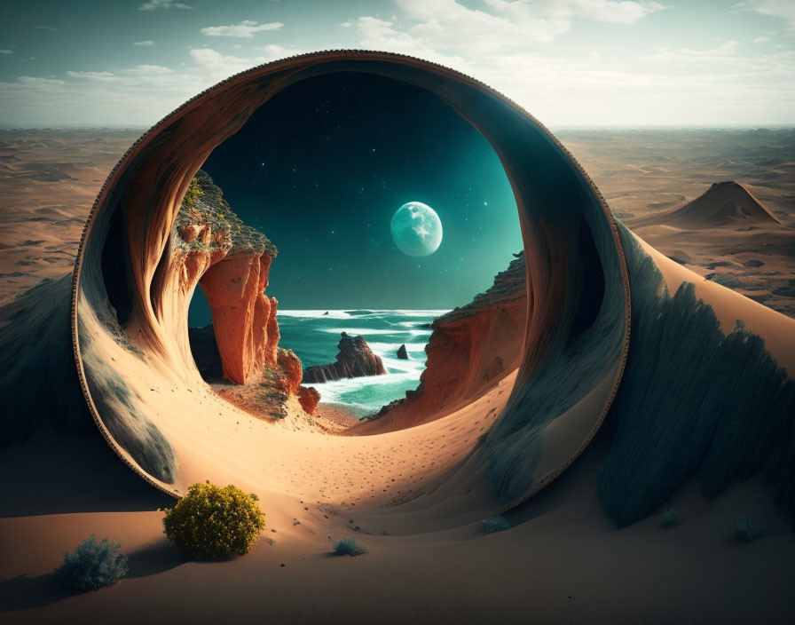 Surreal desert and coastal landscape under starry sky