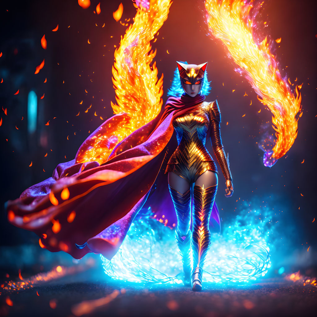 Superheroine in Flaming Cape and Mask with Blue Energy Trail