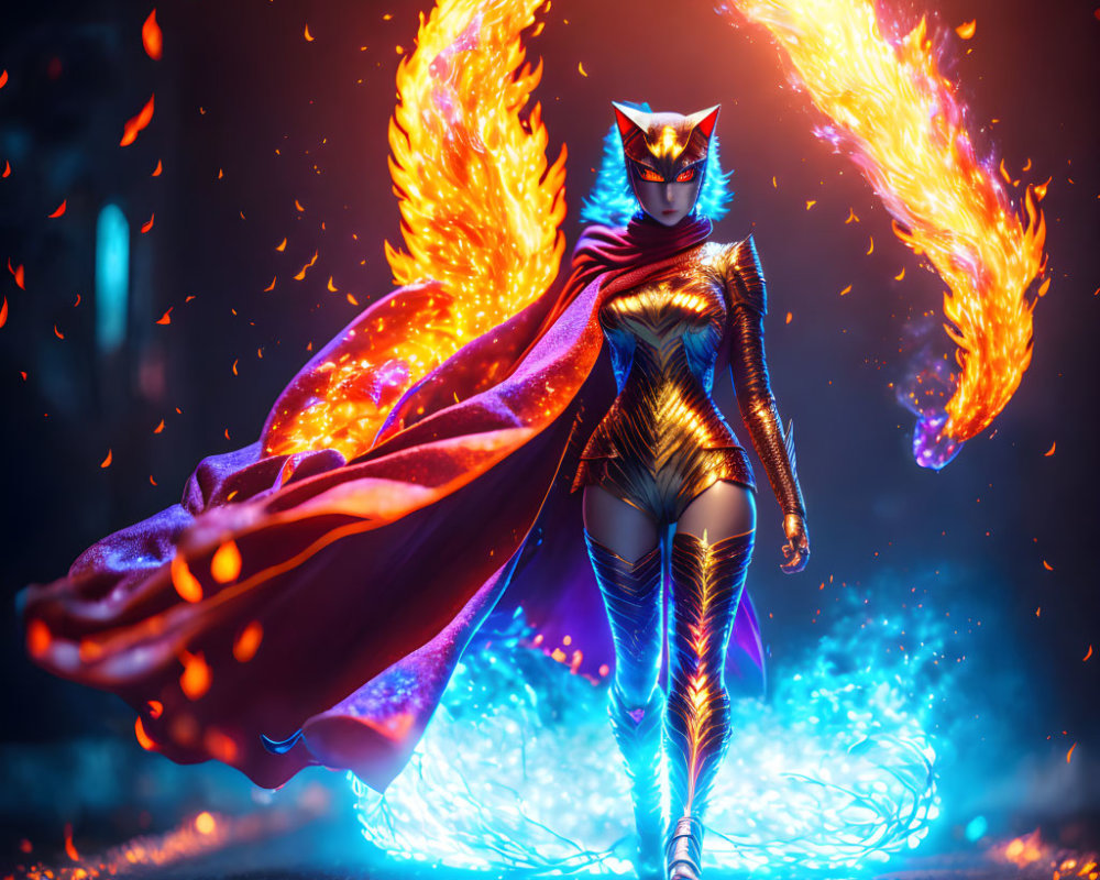 Superheroine in Flaming Cape and Mask with Blue Energy Trail