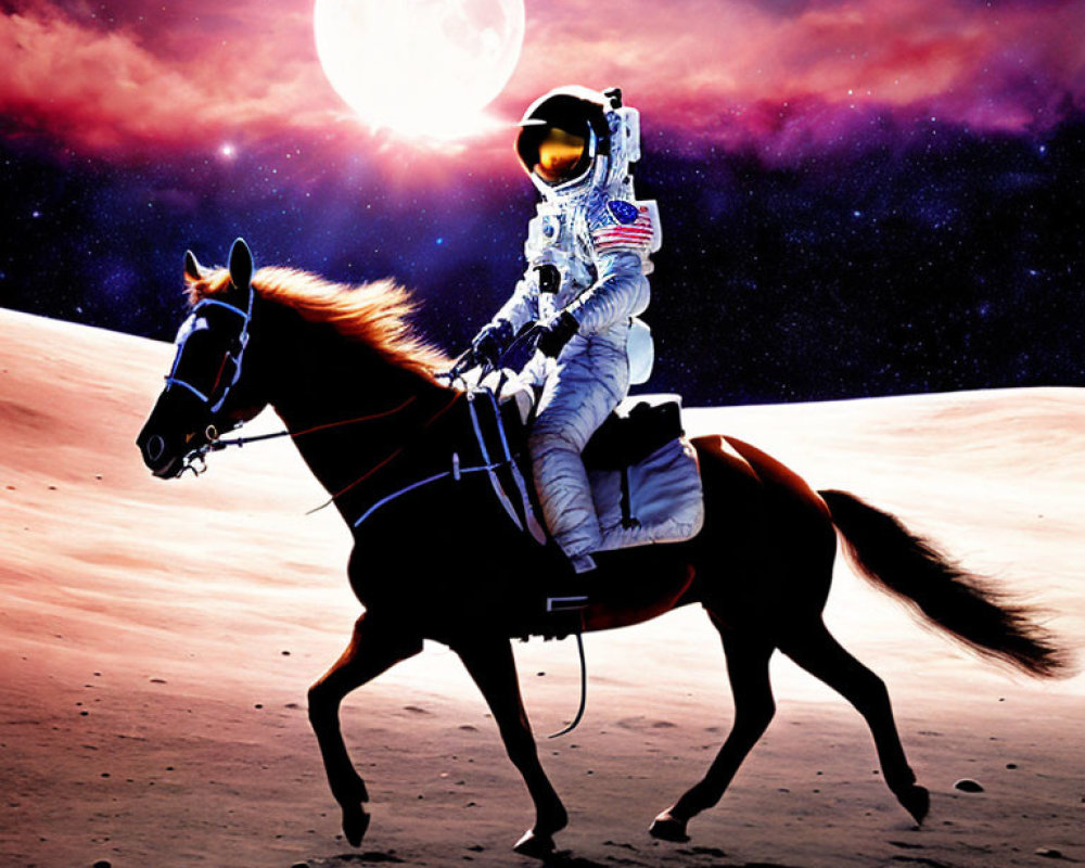 Astronaut on horseback on lunar surface with planet and starry sky