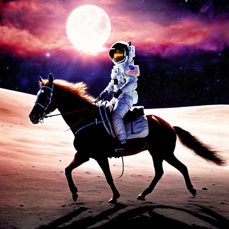 Astronaut on horseback on lunar surface with planet and starry sky