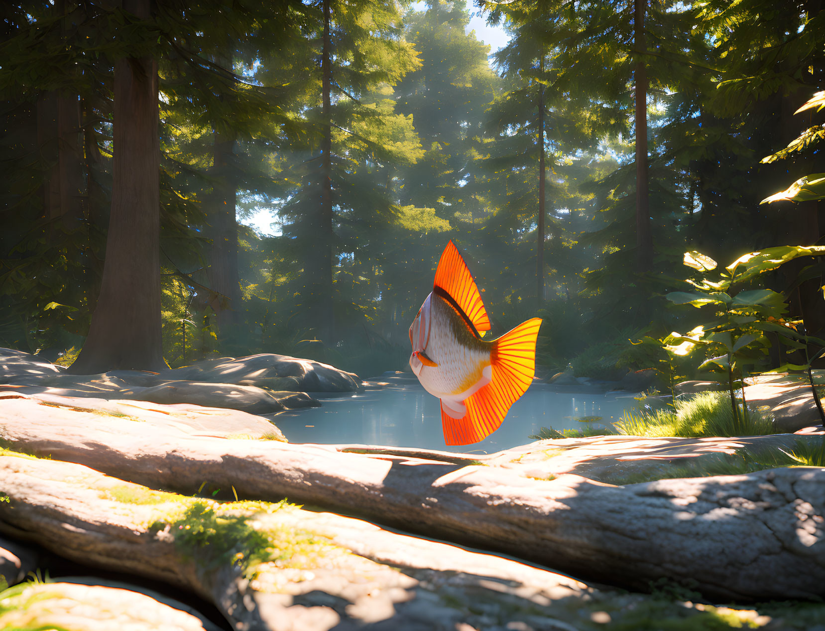 Goldfish superimposed on serene forest scene with towering trees and tranquil pond