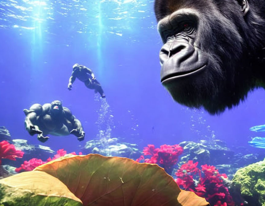 Composite Image: Gorilla Head, Scuba Divers, Marine Life, Light Rays