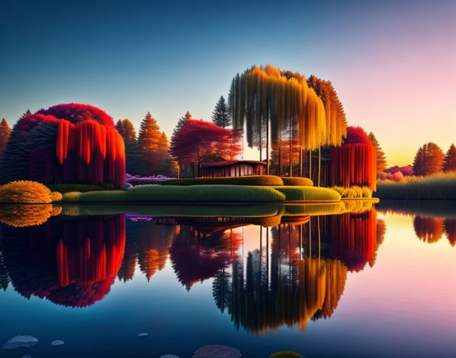 Colorful Sunset Scene: Serene Lake, Stylized Trees, Gazebo