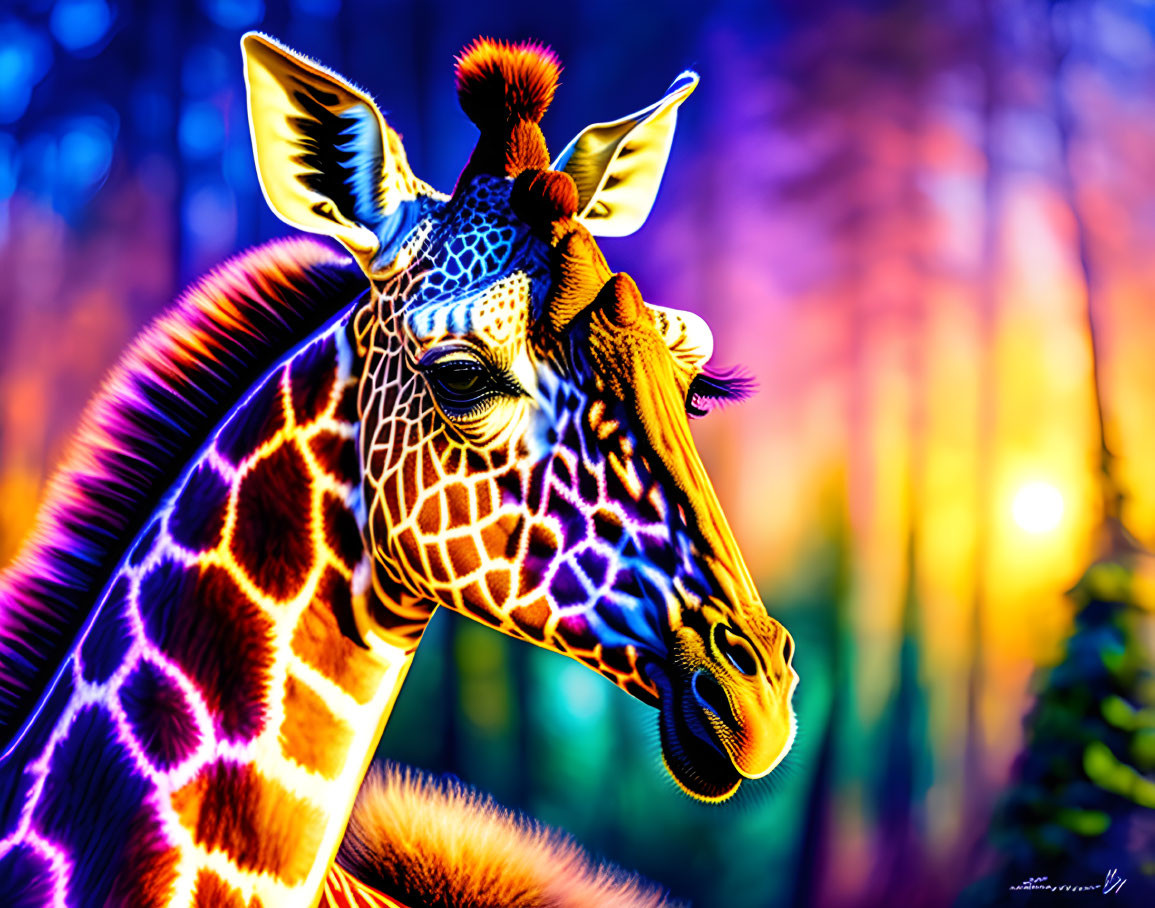 Colorful Giraffe Close-Up with Neon Forest Background