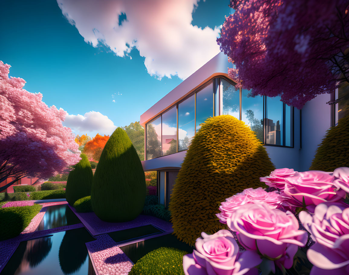 Contemporary Glass House with Pink and Orange Trees, Pond, and Roses