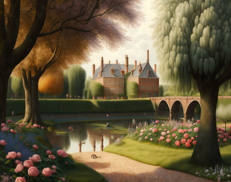 Tranquil digital illustration of grand manor house and gardens