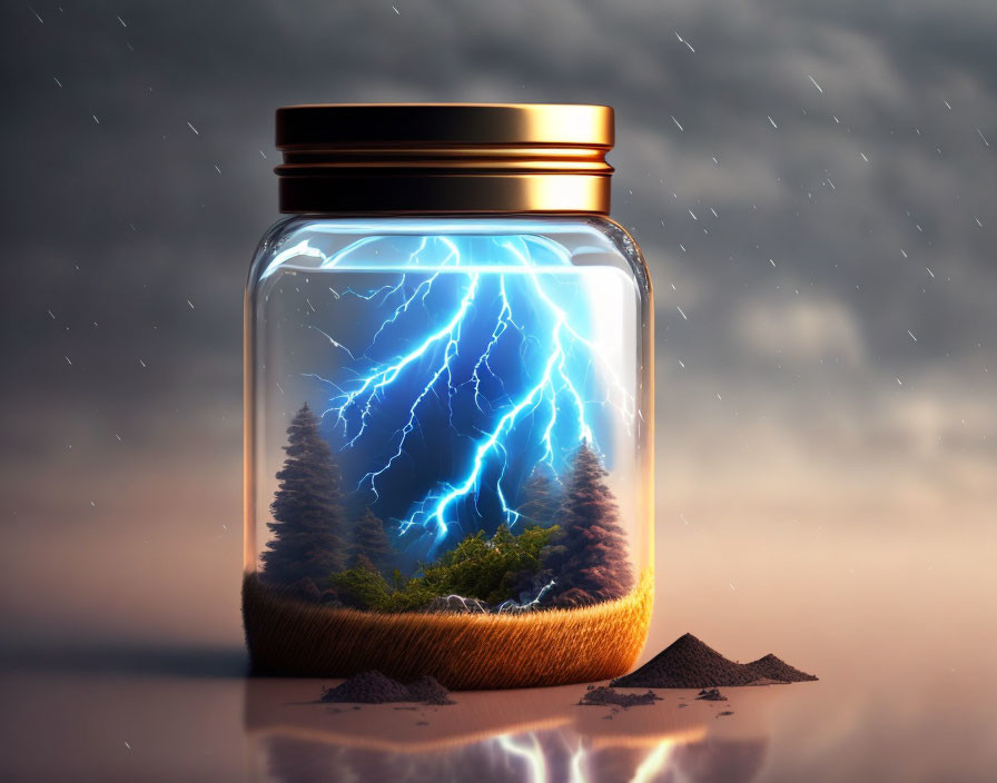 Glass jar with miniature thunderstorm and lightning over forest and land.