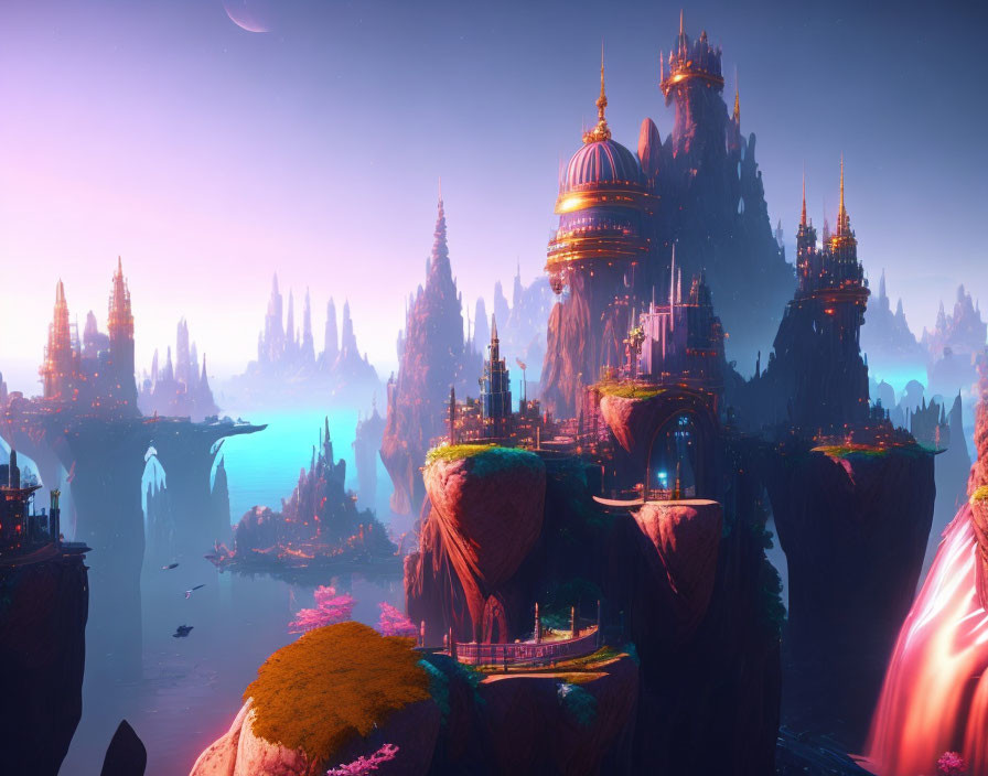 Fantastical landscape with towering spires and floating islands