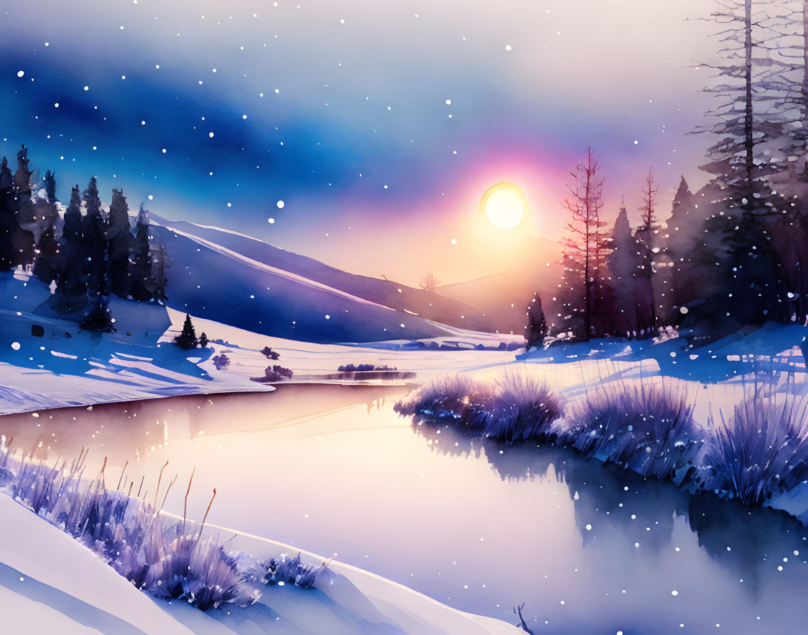 Snow-covered valley with river, evergreen trees, and pastel twilight sky.