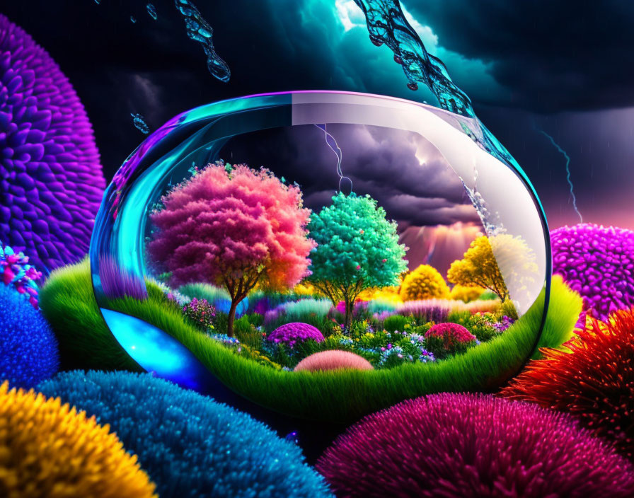 Colorful digital artwork: Crystal orb with fantasy landscape under stormy sky