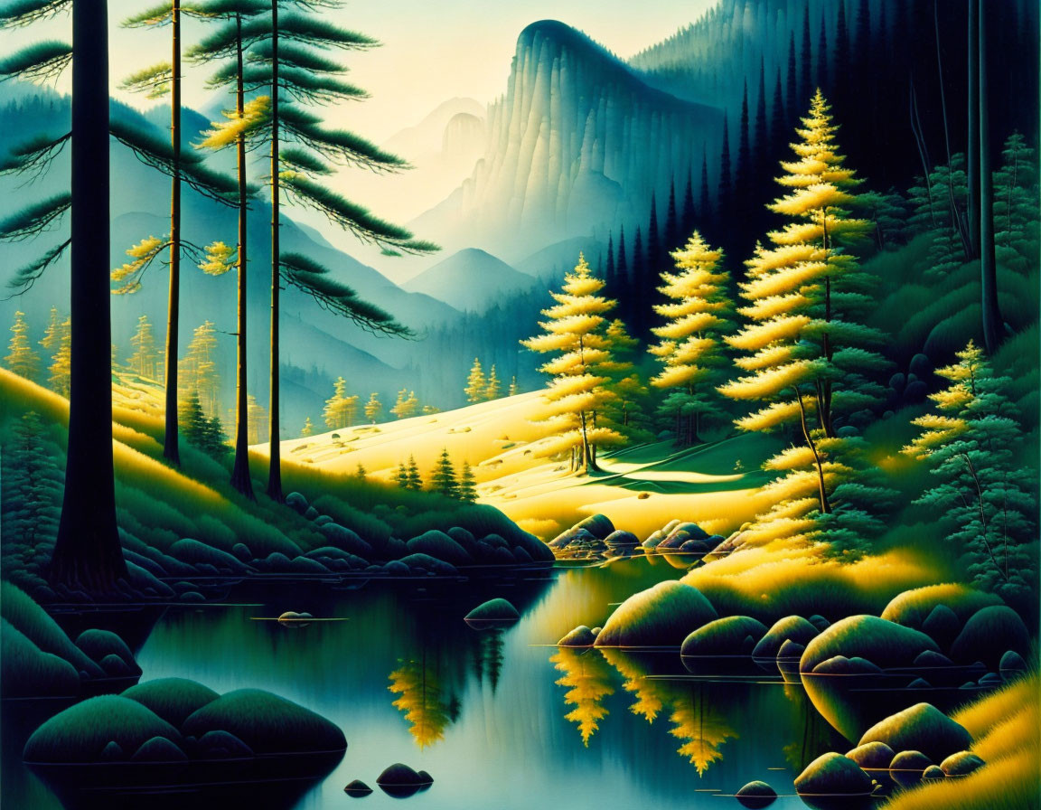 Tranquil forest scene with reflective lake and misty mountain backdrop