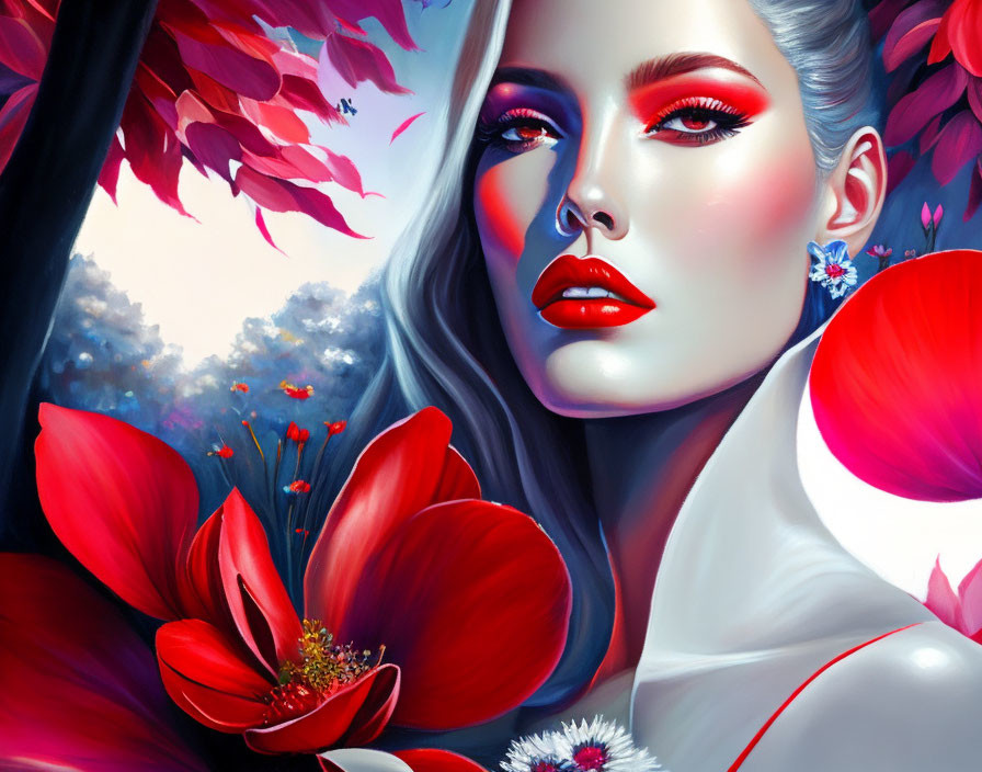 Vibrant artistic illustration of a woman with red lips and eyeshadow among red flowers on blue