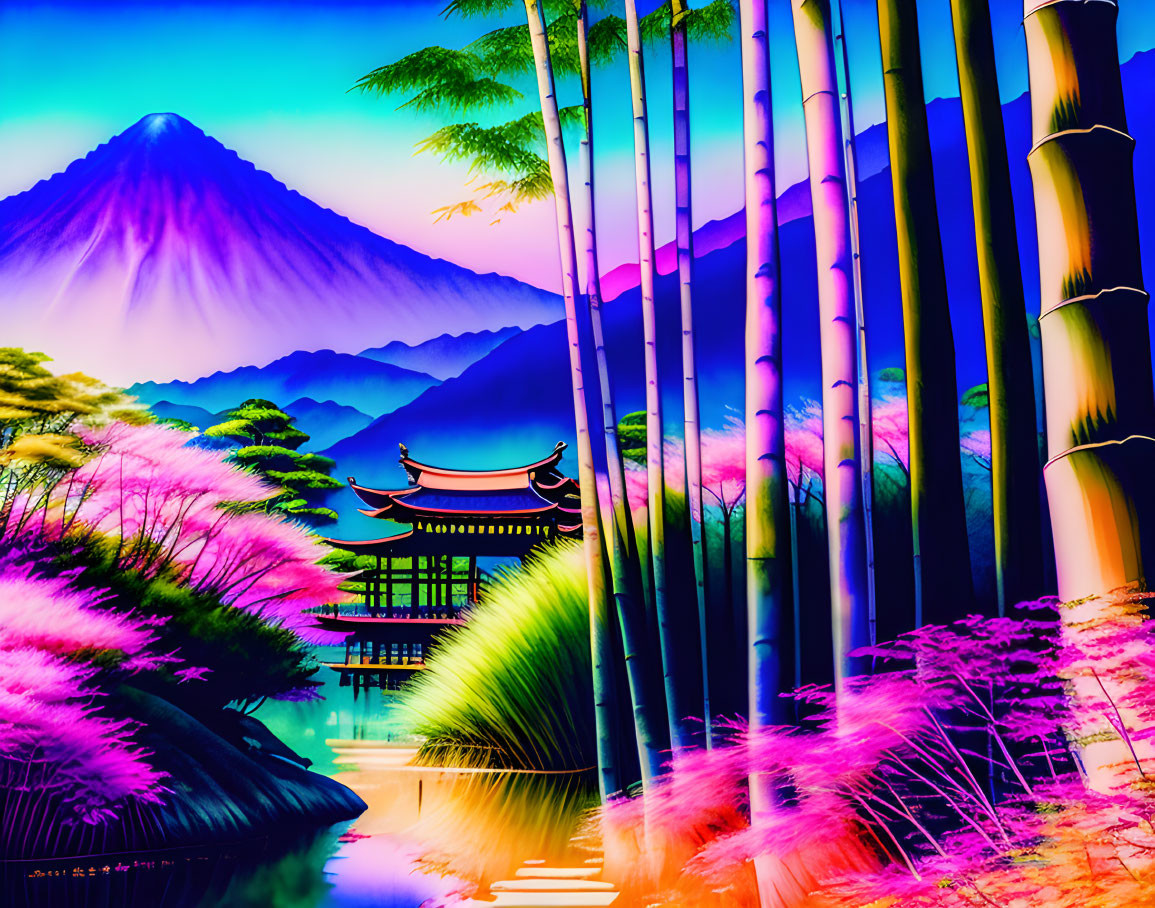 Tranquil digital art: Bamboo, pagoda, purple foliage, pond, mountain.