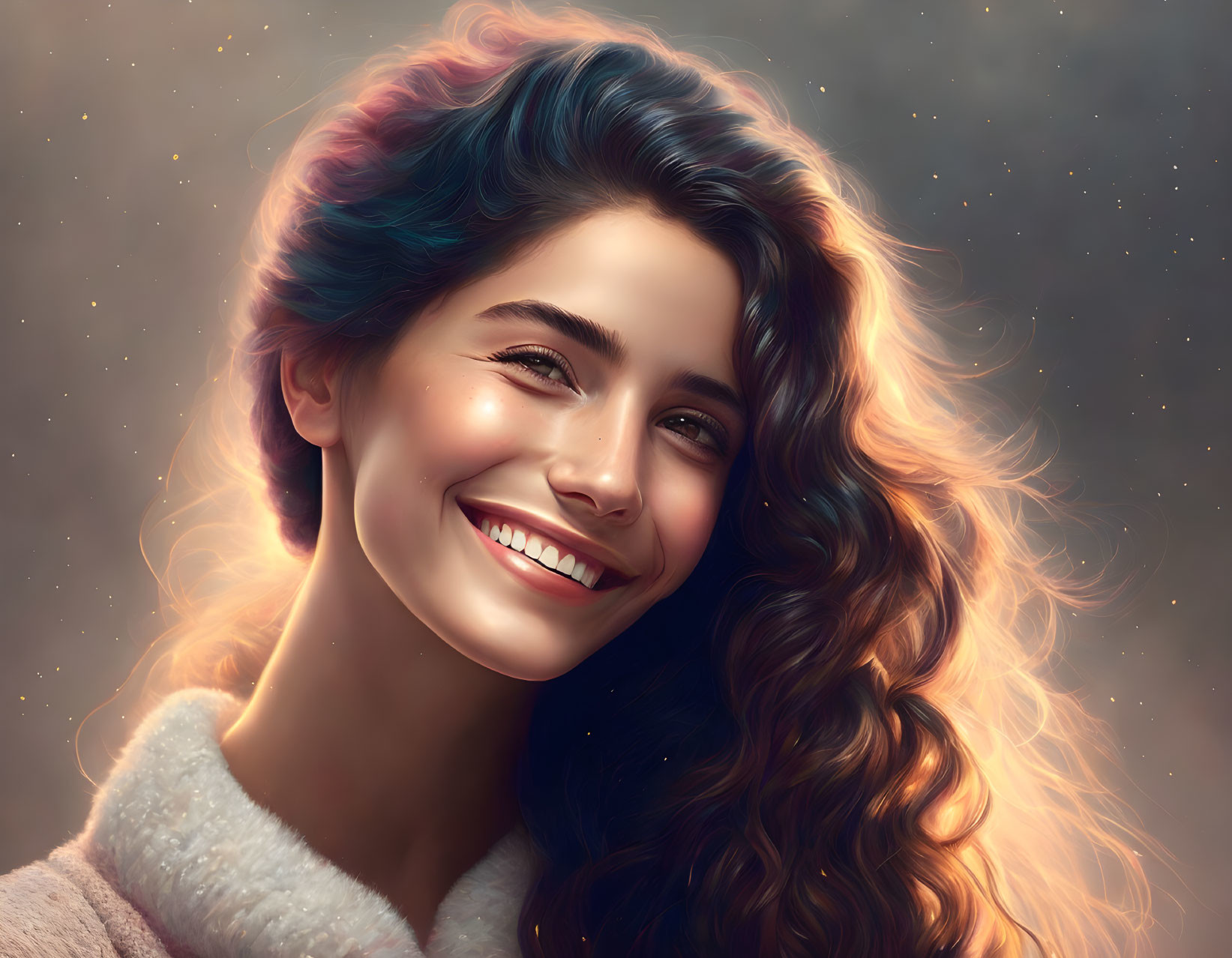 Colorful digital painting of a woman with radiant smile and cosmic background