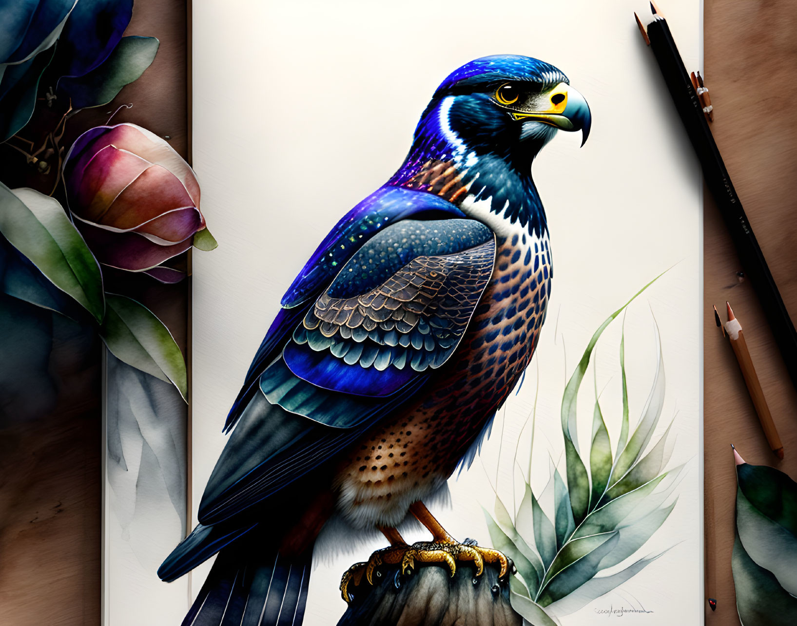 Colorful Falcon Illustration with Sketchbook, Pencils, and Foliage