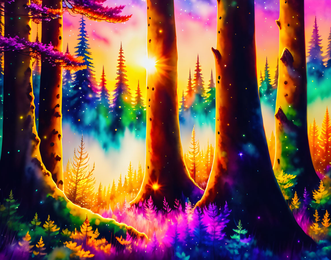 Surreal neon forest with glowing trees and radiant sunset