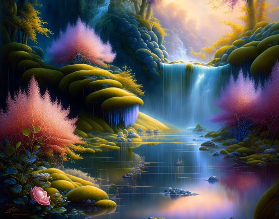 Tranquil fantasy landscape with vibrant waterfall and colorful, mystical trees