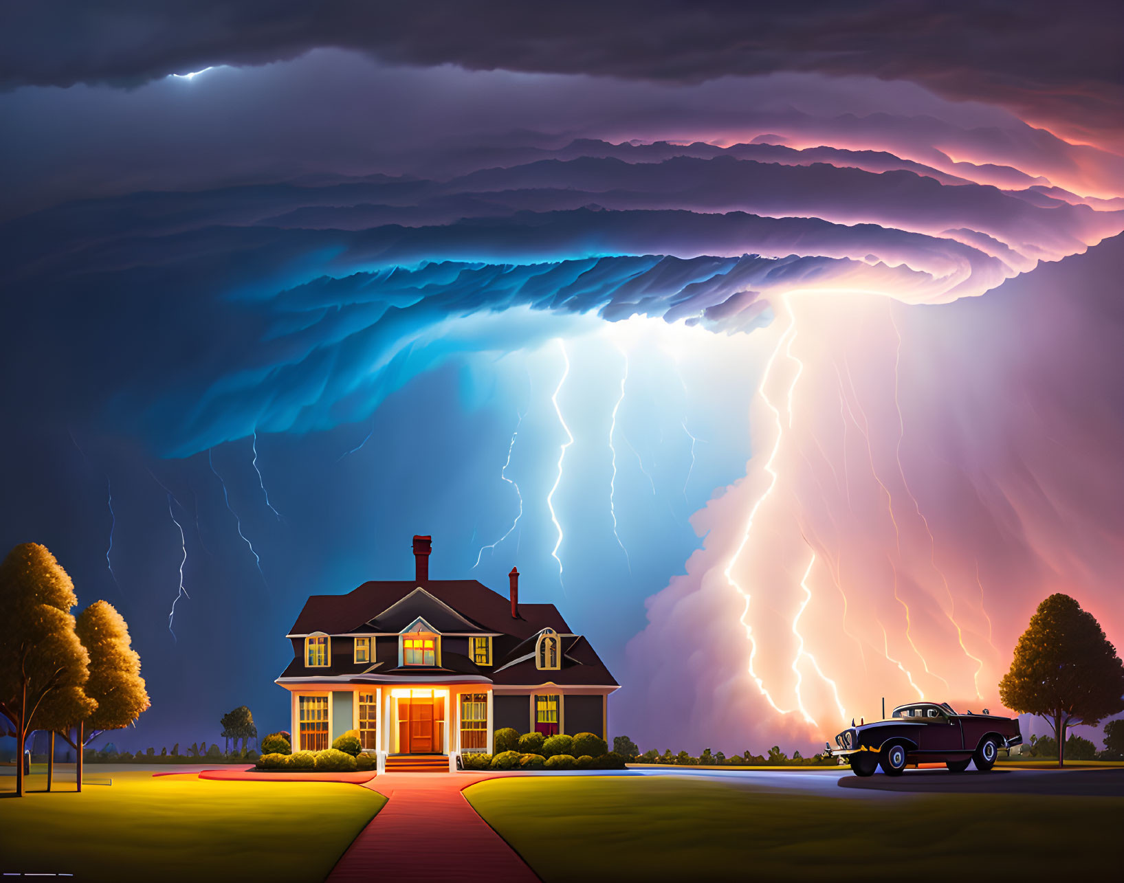 Illustration: House at Night with Dramatic Thunderstorm & Lightning