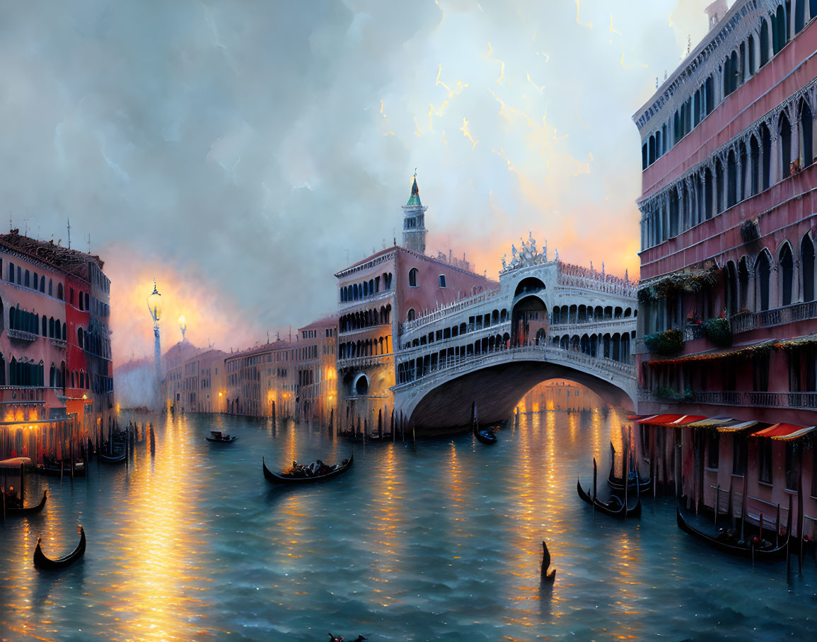 Venice Grand Canal with Gondolas and Rialto Bridge in Artistic Scene