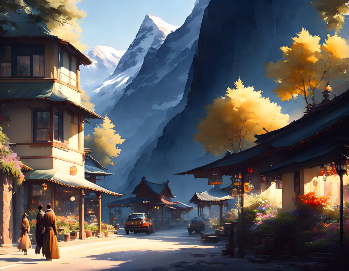 Traditional village street under towering mountain in warm autumn sunlight