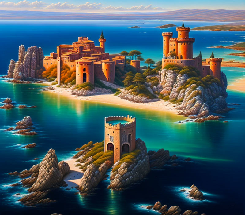 Coastal castle with red towers, turquoise waters, rocky coves, serene beach