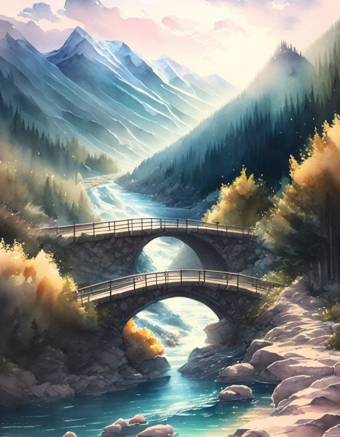 Tranquil river and stone bridge in mountainous landscape