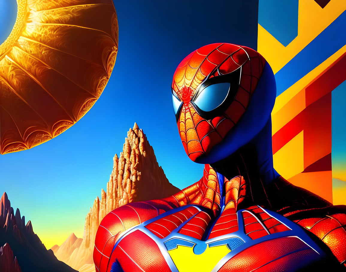 Colorful Spider-Man Artwork with Sun and Mountains