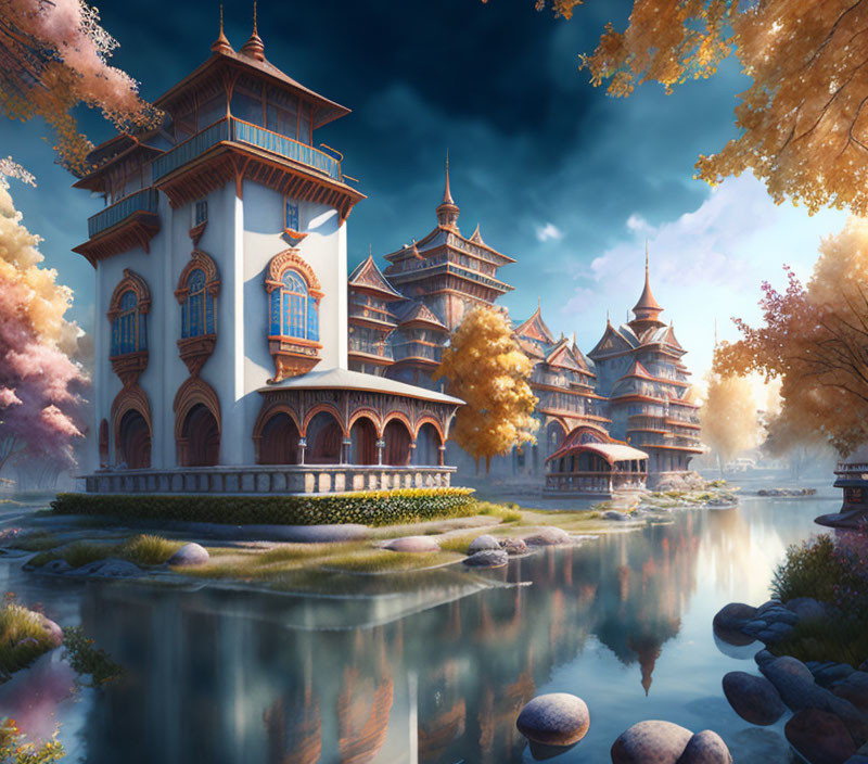 Ornate multi-story buildings in a fantasy autumn landscape