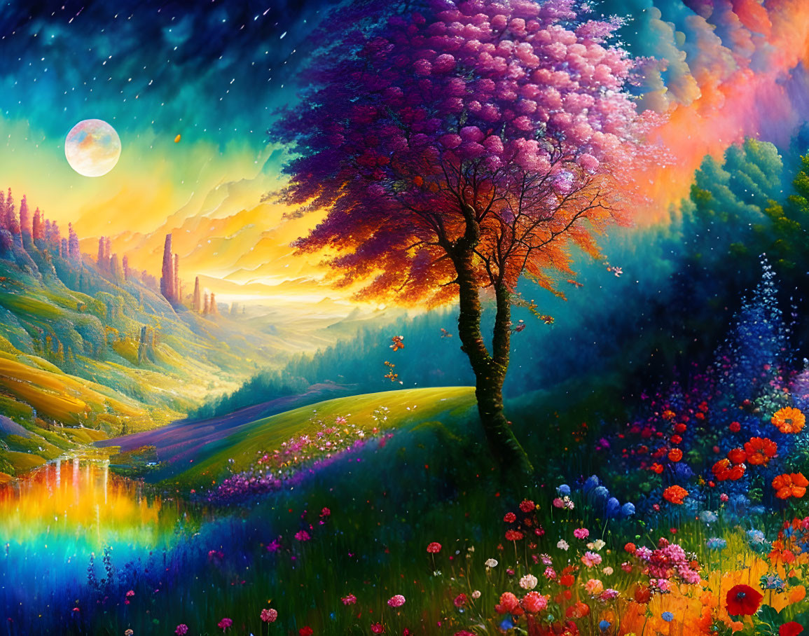 Lush tree and colorful flora in vibrant fantasy landscape