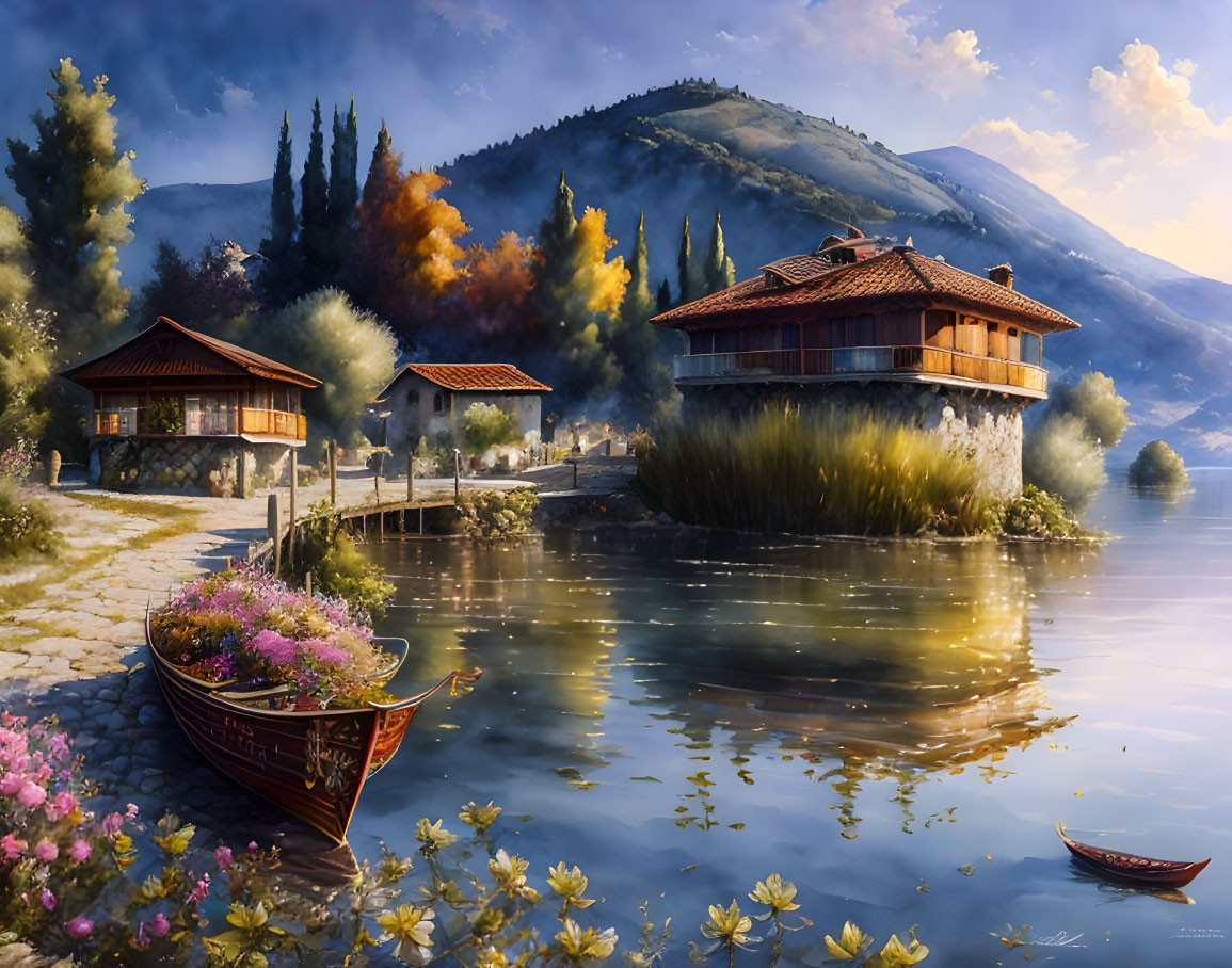 Tranquil lake scene with traditional houses, moored boat, water lilies, hills, autumn