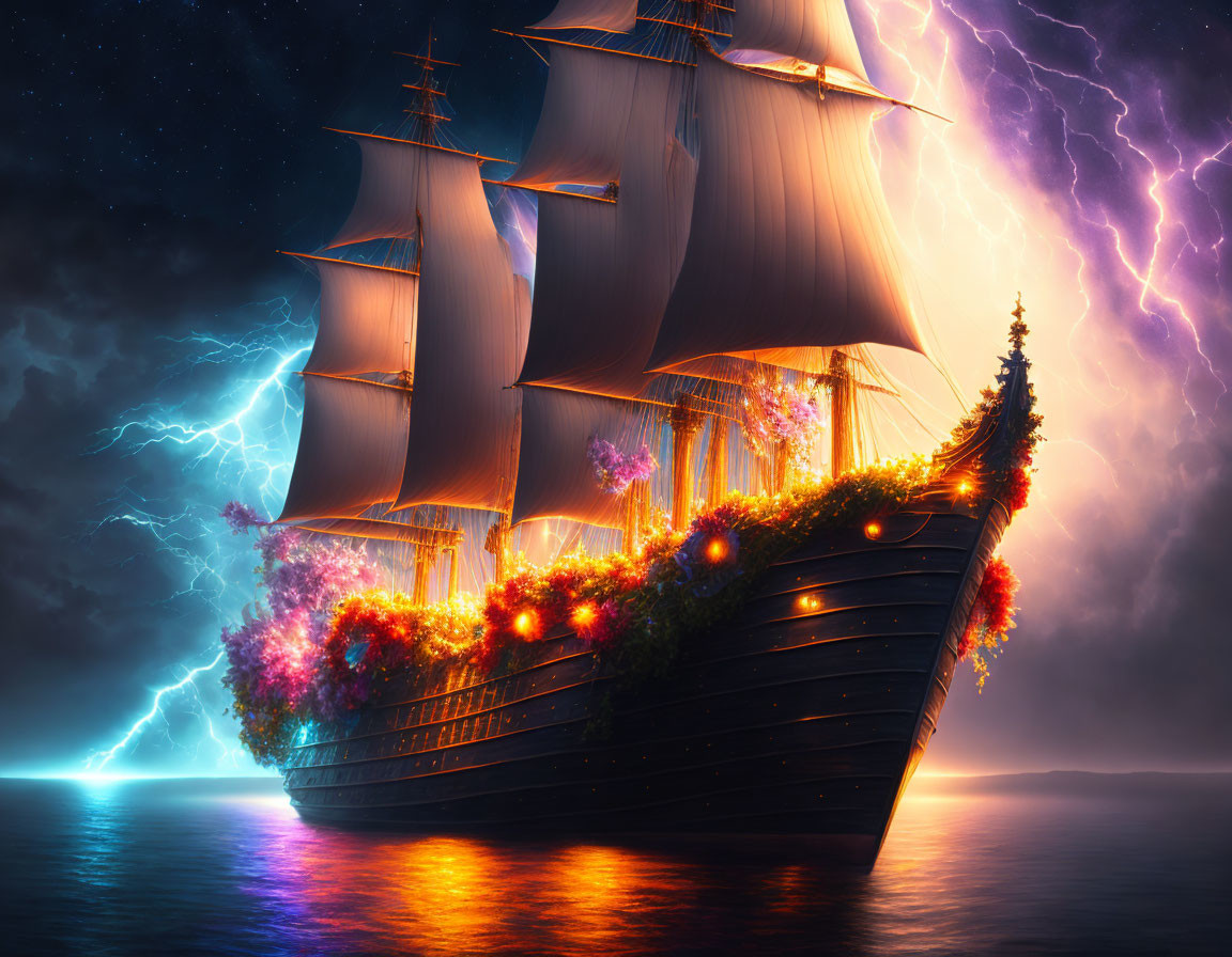 Decorated sailing ship under dramatic lightning sky