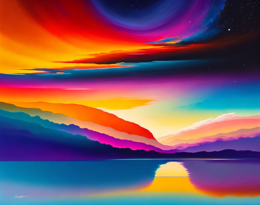 Colorful Landscape with Silhouette Mountains and Sunset Reflections