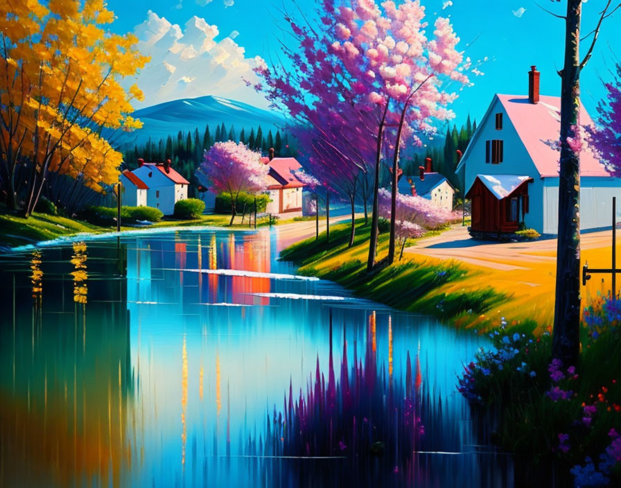 Scenic digital painting of village by blue river