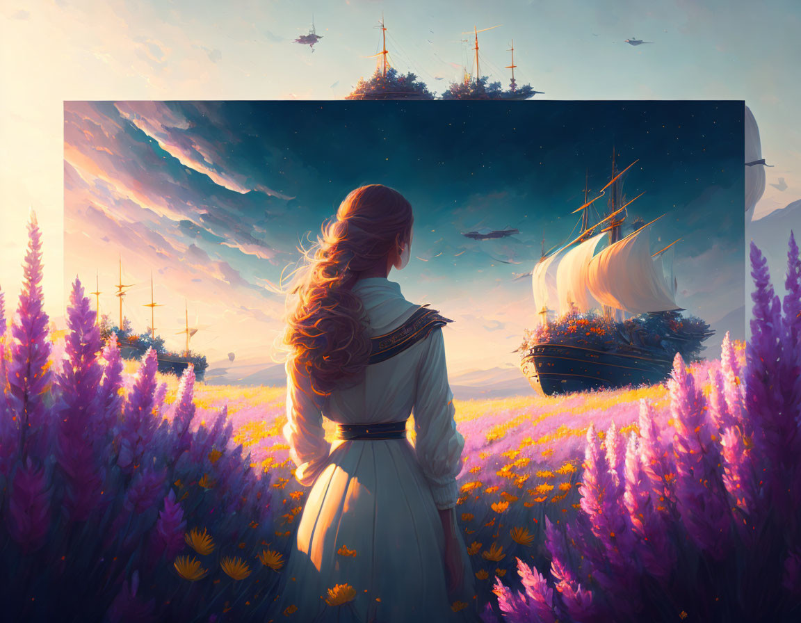 Woman in field of flowers gazes at surreal sunset scene with floating ships