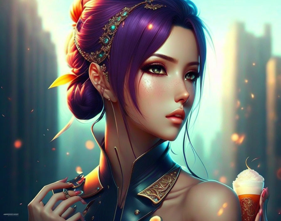Purple-haired woman with jewelry holding ice cream in digital artwork