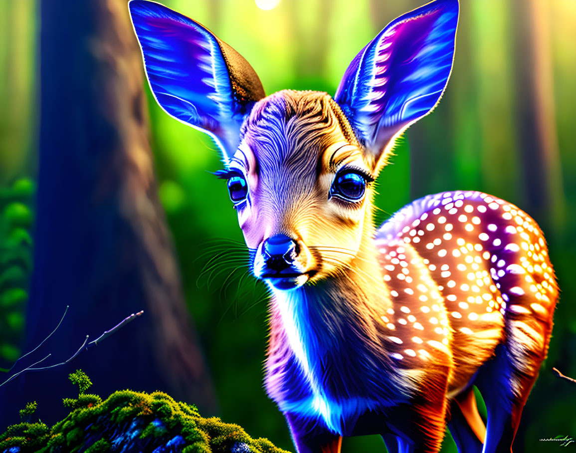 Vibrant digital art: Stylized fawn in mystical forest