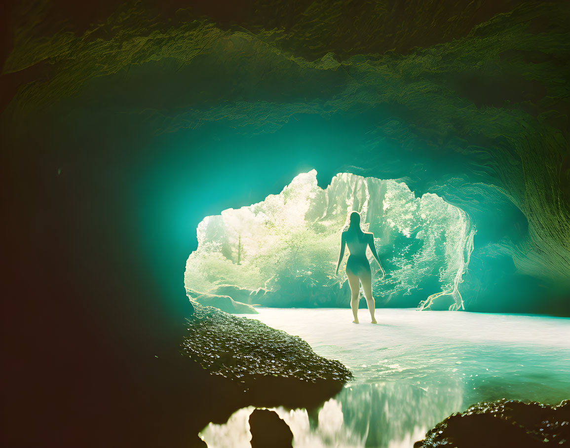 Silhouetted person at sunlit cave entrance with reflective water floor