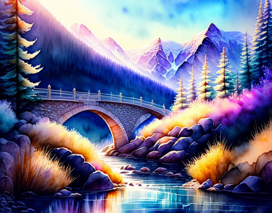 Scenic watercolor landscape of stone bridge, river, flora, pine trees, mountains